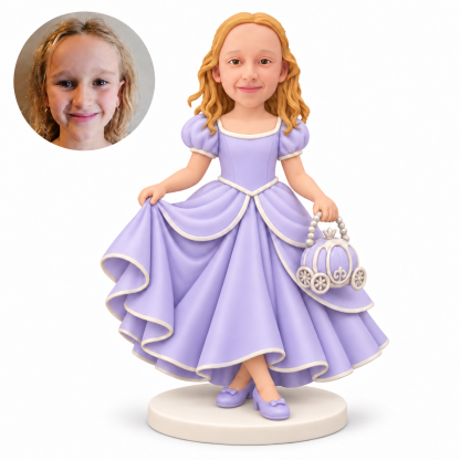 custom bobblehead figure girl in a layered gown lifting her skirt and holding a carriage-shaped handbag