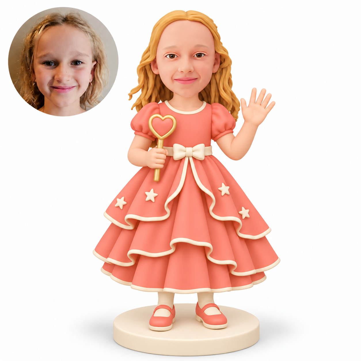 custom bobblehead figure girl in a layered gown holding a heart-topped wand and waving