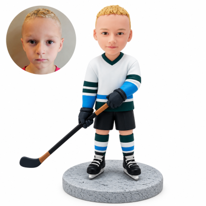 Custom clay bobblehead little boy ice hockey player standing upright with stick angled left