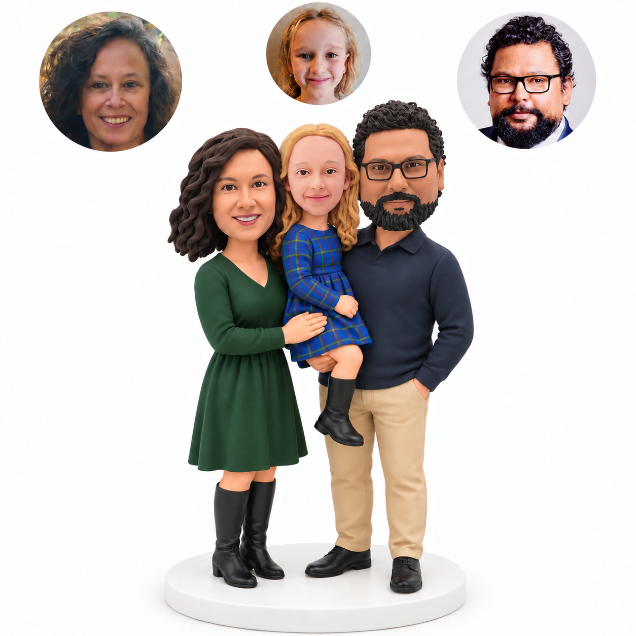 Custom clay bobblehead family, mother beside father carrying their daughter