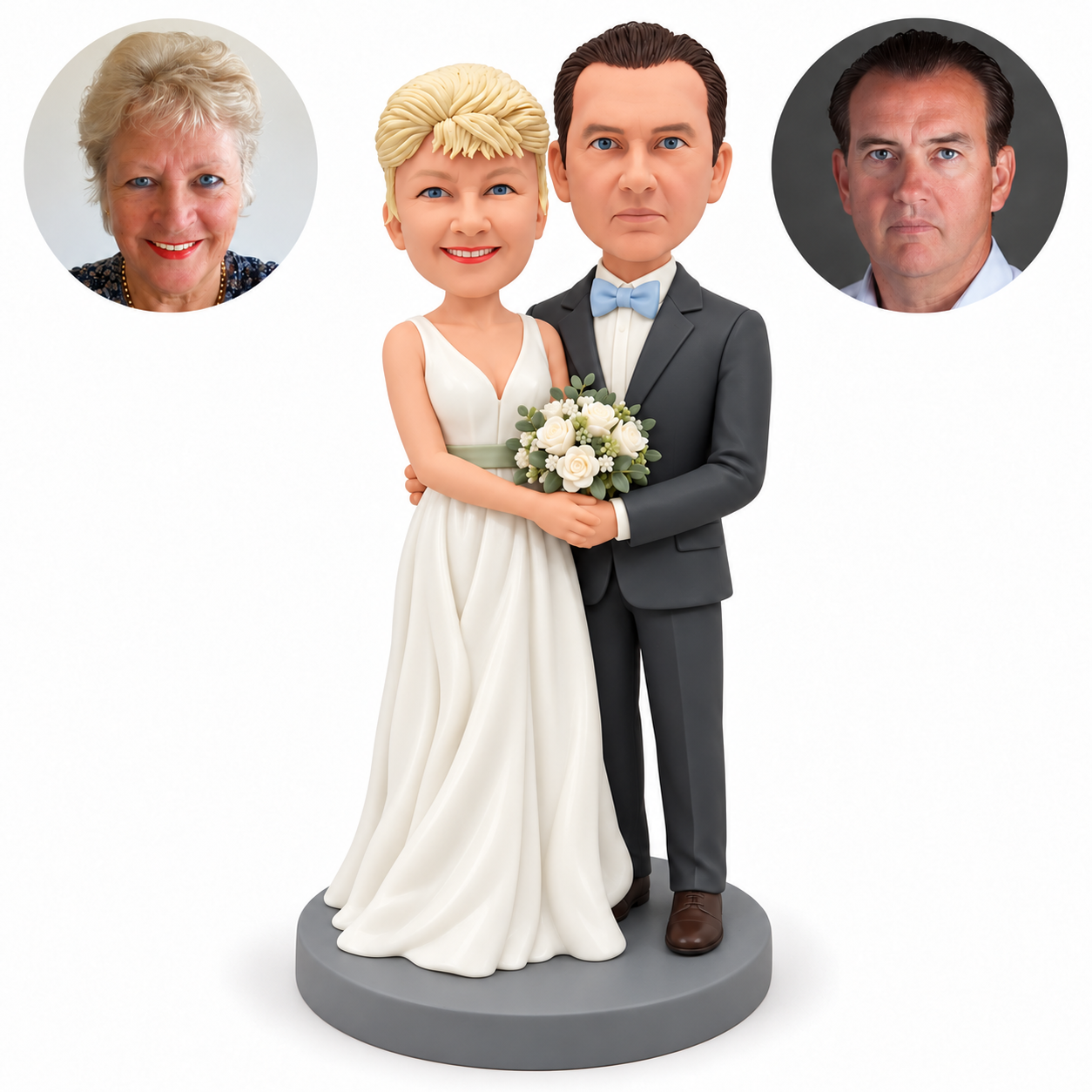 Custom clay wedding couple with their outer hands joined beneath a bouquet, ivory gown, charcoal suit and gray round base; matching real photo circles.