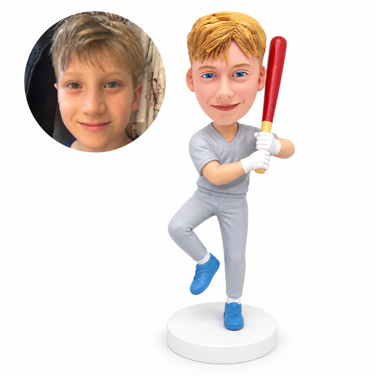 custom bobblehead figure boy baseball batter with one knee raised