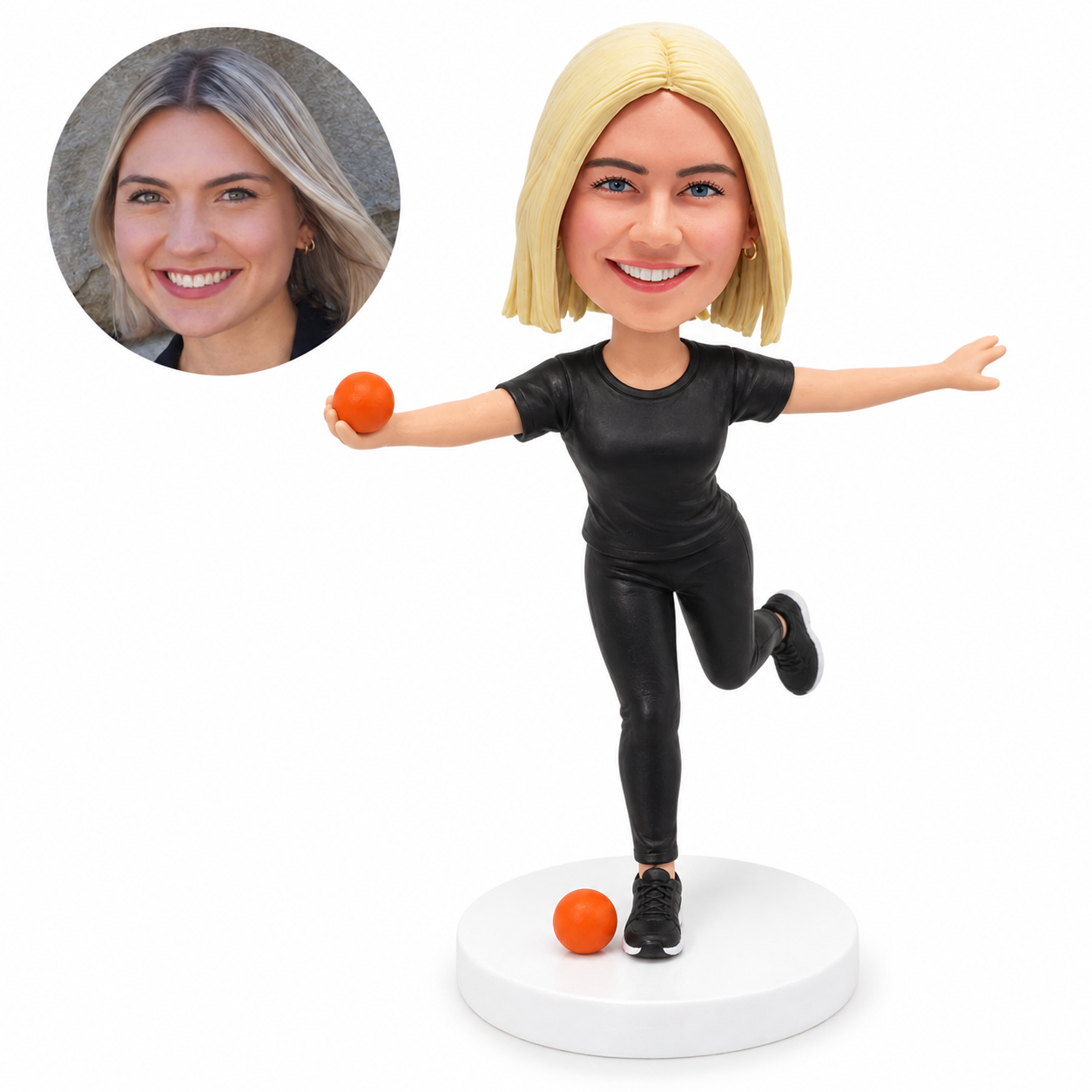 custom bobblehead figure woman bocce player balancing on one leg with arms outstretched