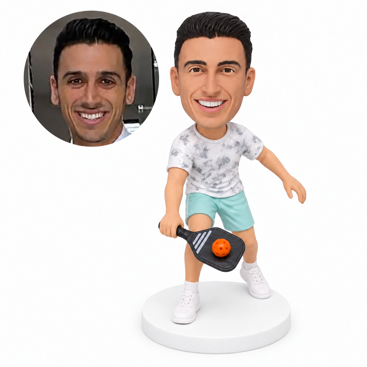 custom bobblehead figure male pickleball player leaning forward with a low paddle