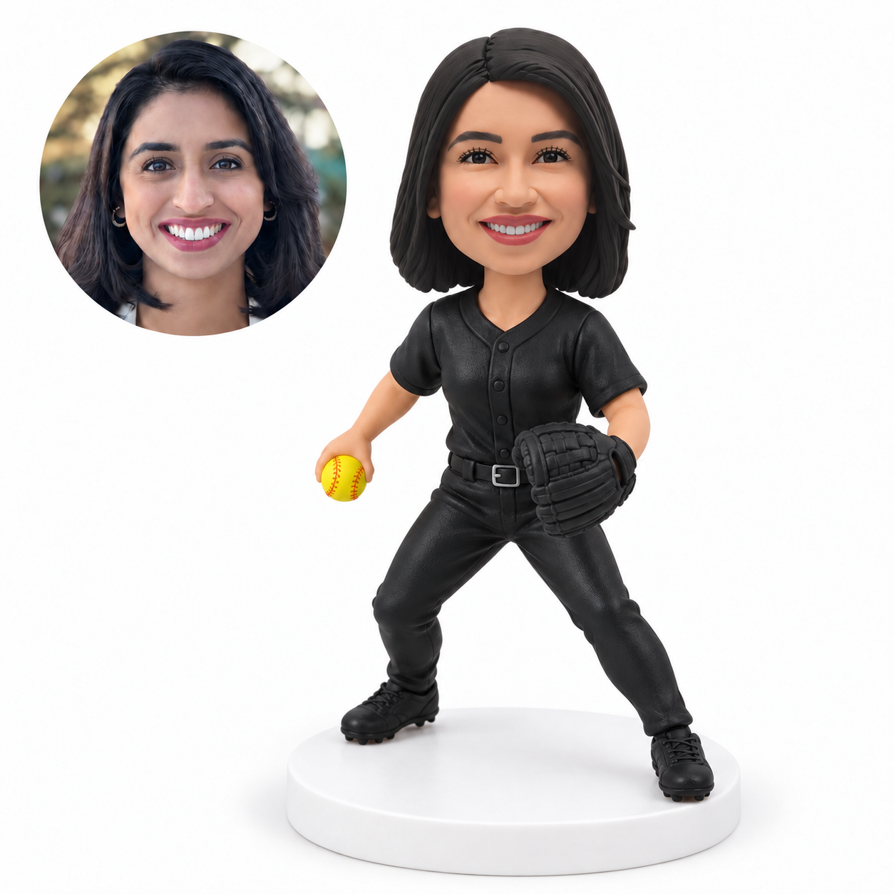 custom bobblehead figure female baseball player in a low pitching stance with a glove and ball