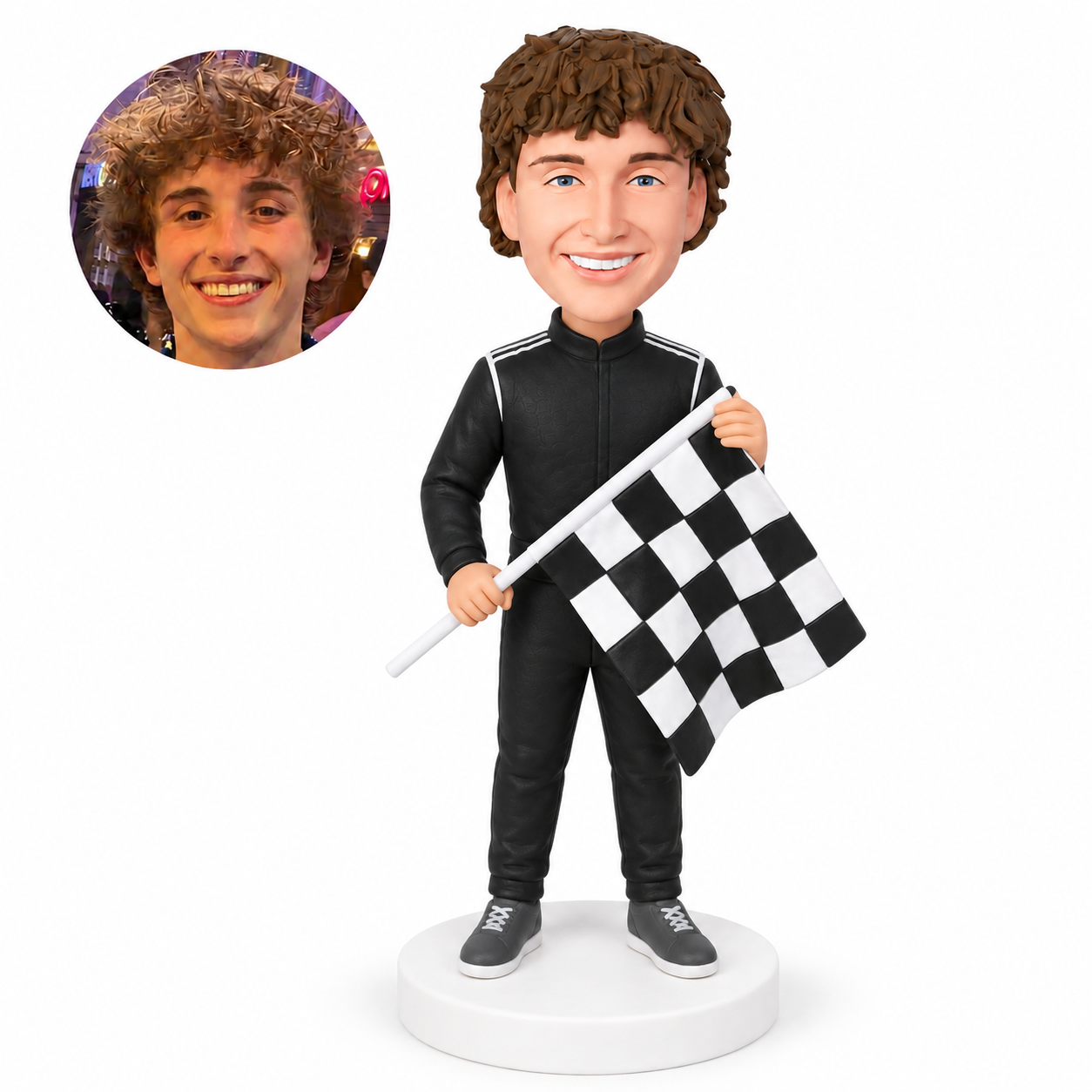 custom bobblehead figure racing driver in a zip front suit holding a chequered flag