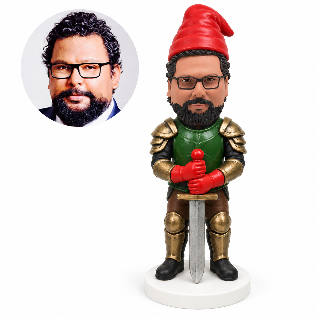 custom bobblehead figure armored garden gnome resting both hands on a sword