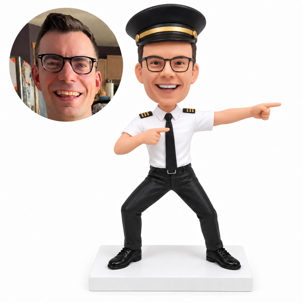 custom bobblehead figure male pilot in a wide dancing pose pointing sideways