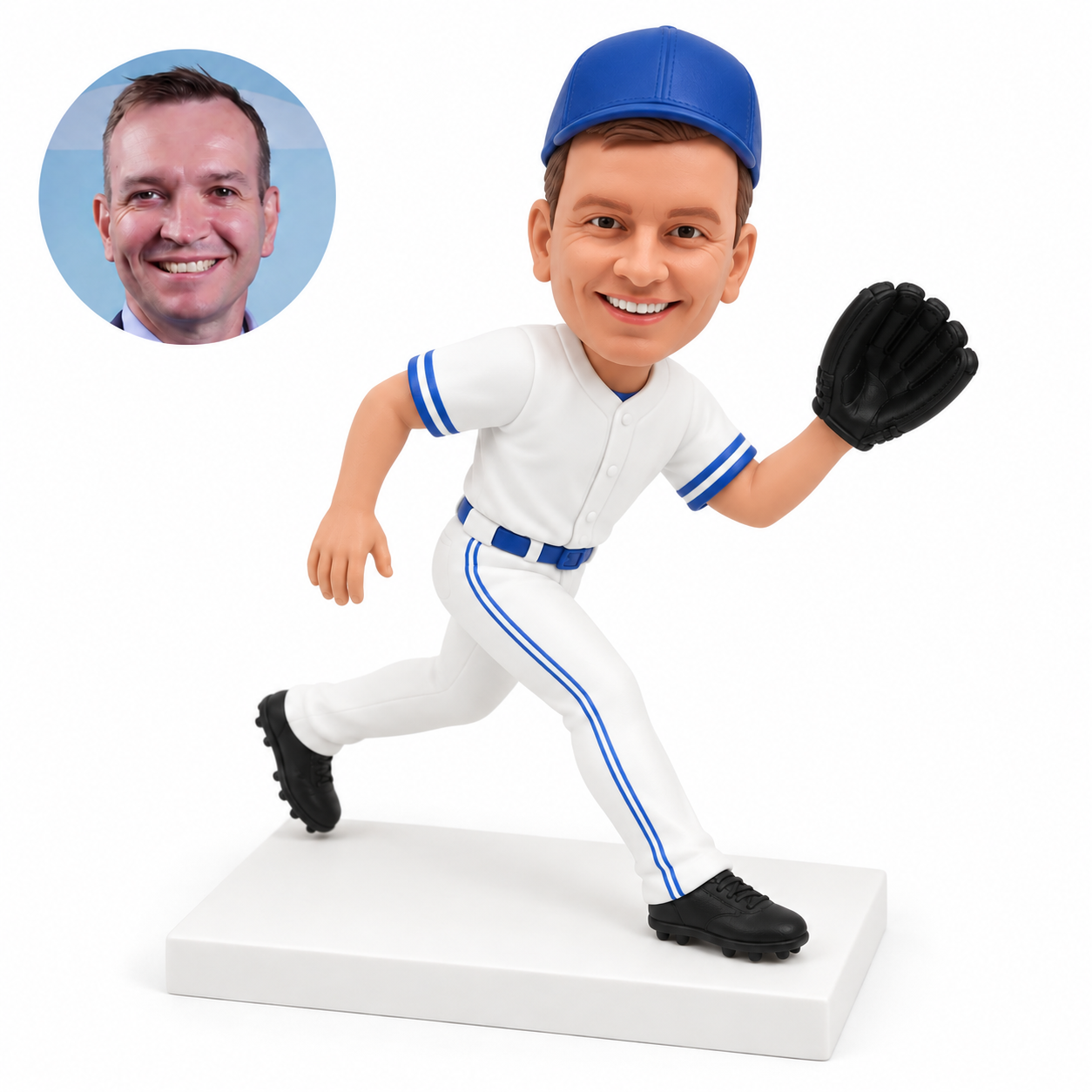 custom bobblehead figure male baseball outfielder striding sideways with a raised glove