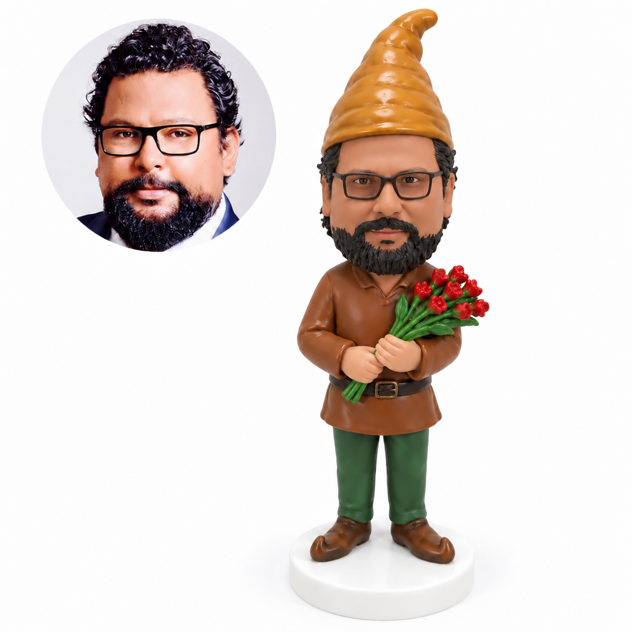 custom bobblehead figure male garden gnome holding a bouquet with both hands