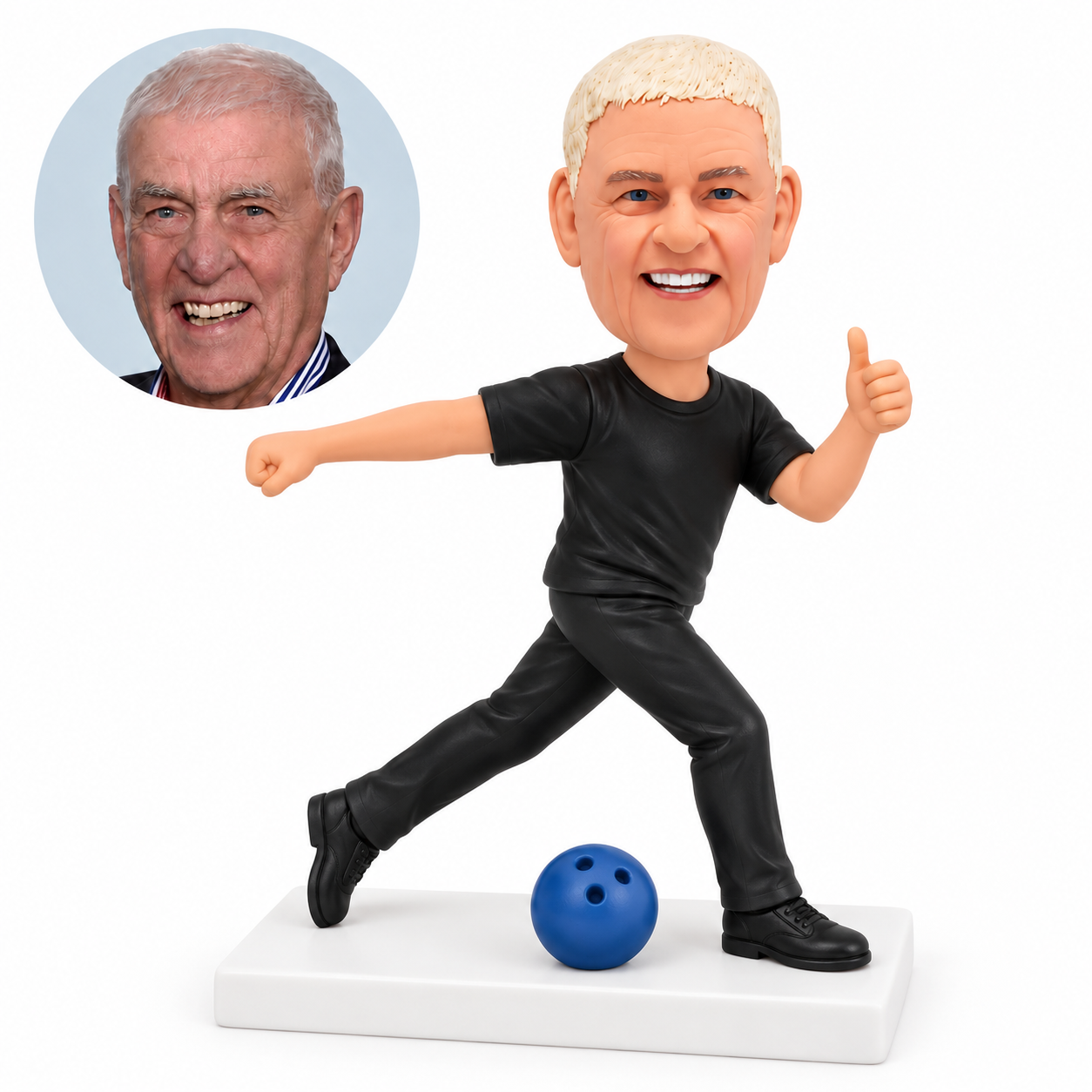 custom bobblehead figure male bowler stepping forward with a ball on the base