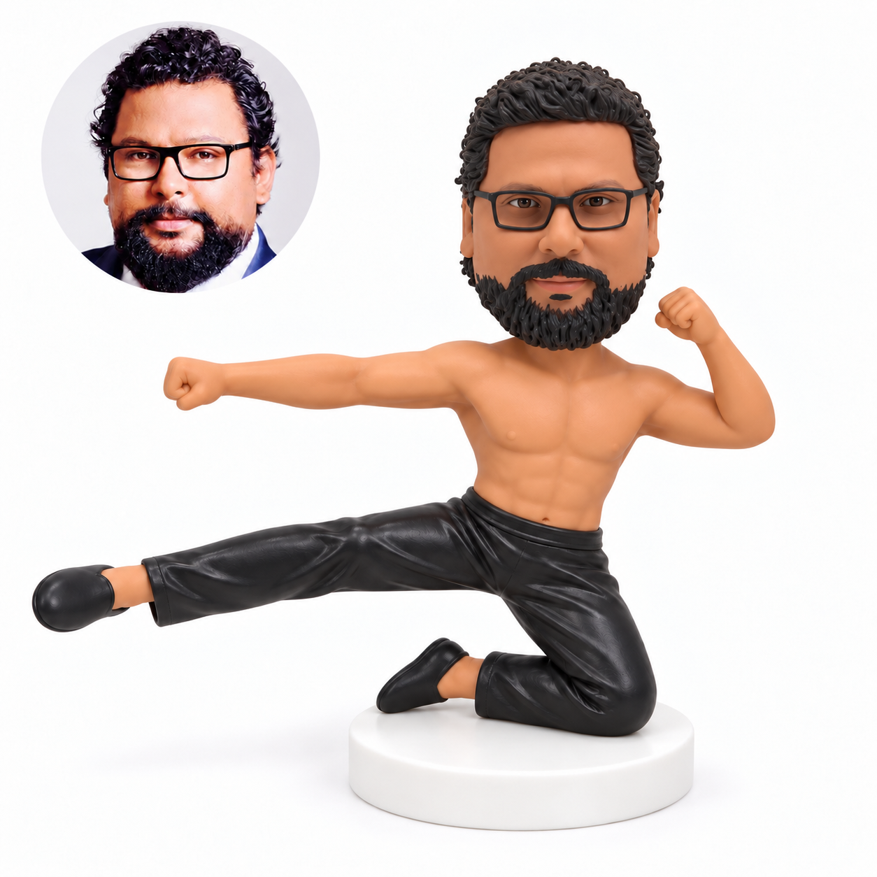 custom bobblehead figure male martial artist kneeling with one leg and one fist extended