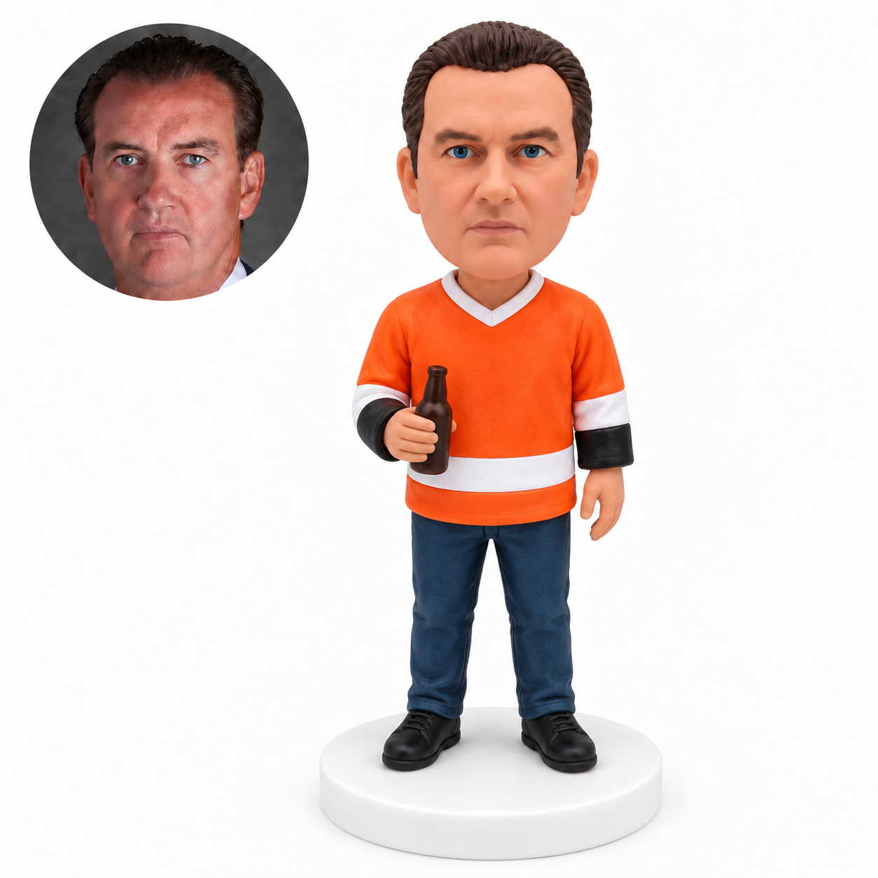 custom bobblehead figure male hockey fan in a jersey and jeans holding a beer bottle