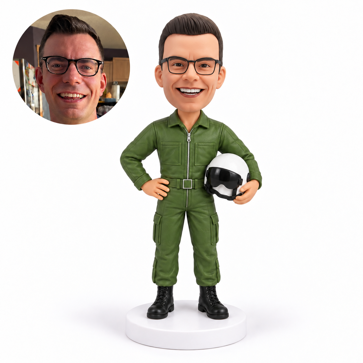 custom bobblehead figure male pilot in a flight suit holding a helmet with one hand on his hip