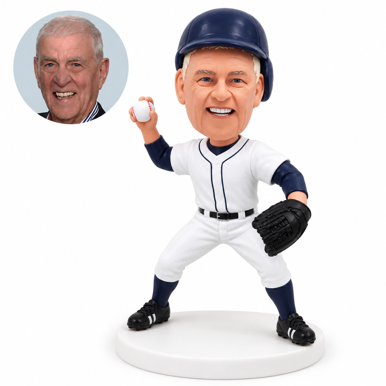 custom bobblehead figure male baseball pitcher in breeches with a raised ball and glove