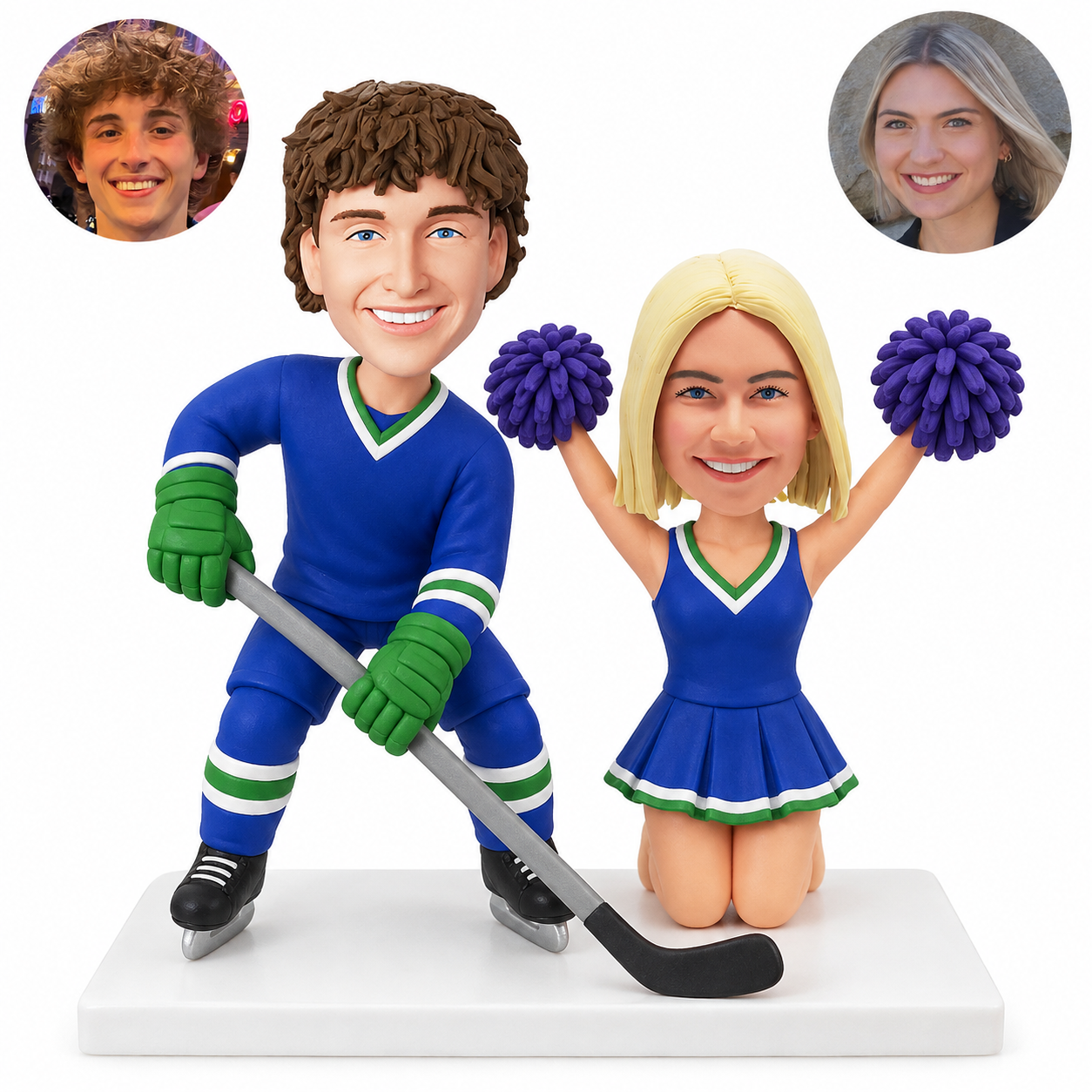custom bobblehead figures hockey player beside a kneeling cheerleader with raised pom poms