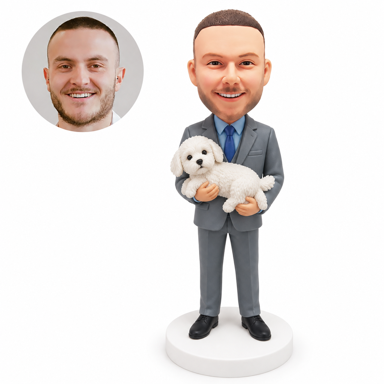 custom bobblehead figure man in a gray suit cradling a small white dog
