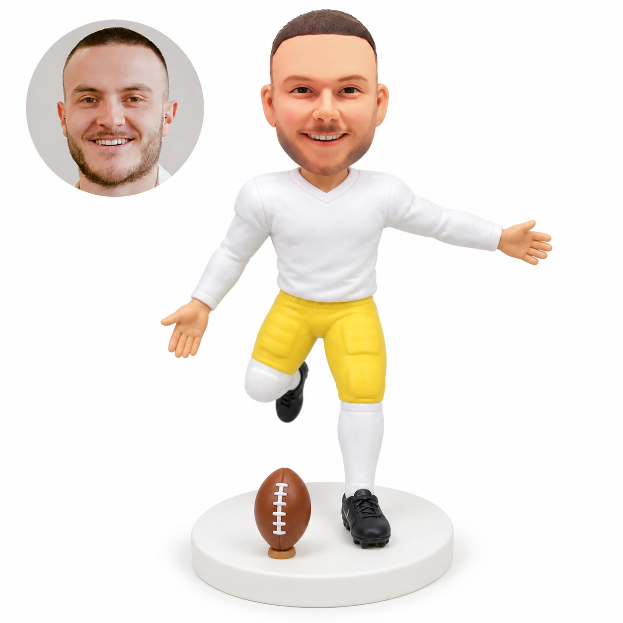 custom bobblehead figure male football kicker approaching a ball with one leg lifted