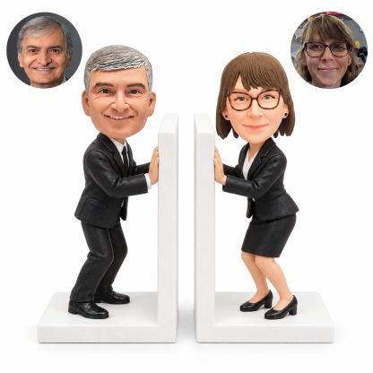 custom bobblehead figures couple bookends with a man in a suit and a woman in a skirt suit