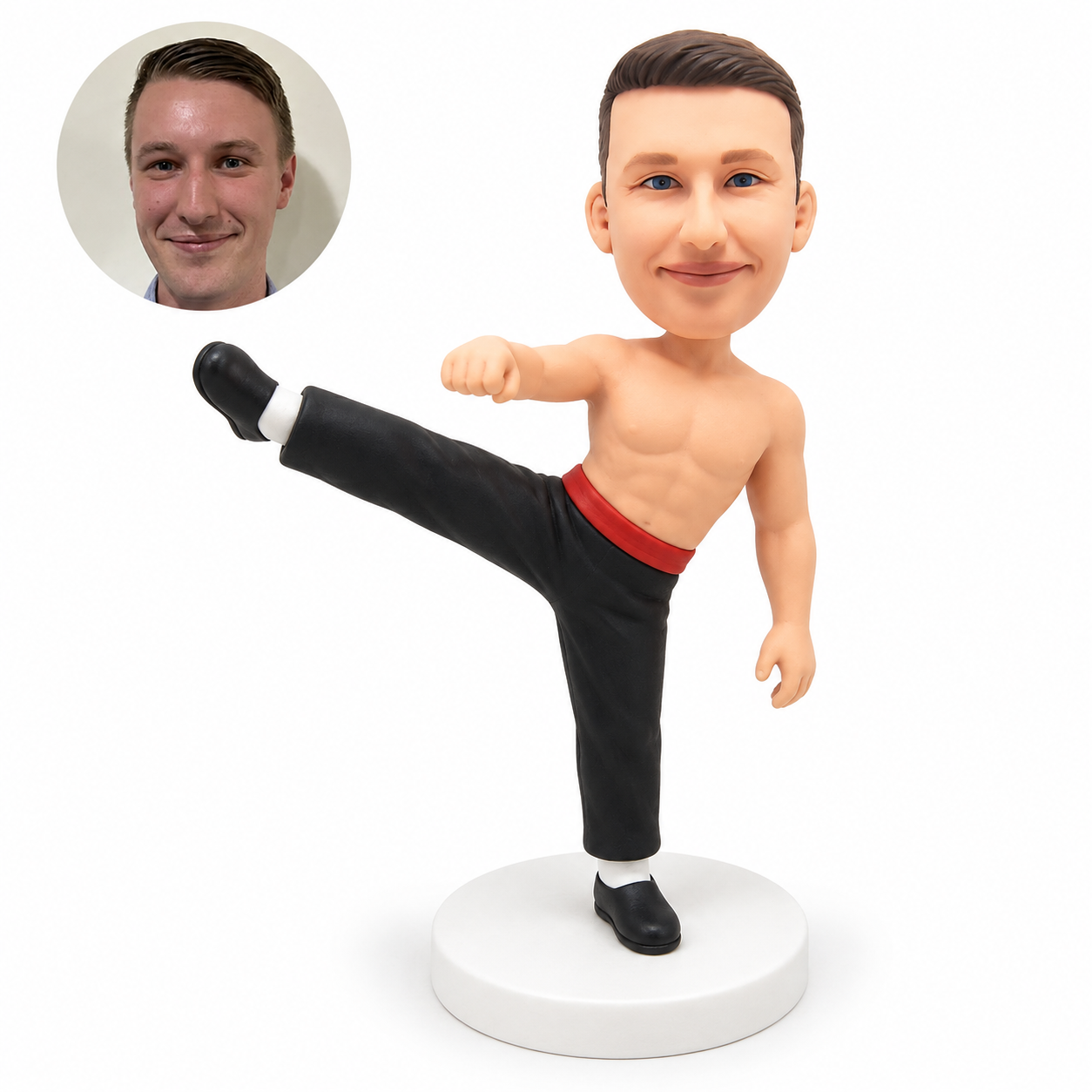 custom bobblehead figure male martial artist standing on one leg with a high side kick