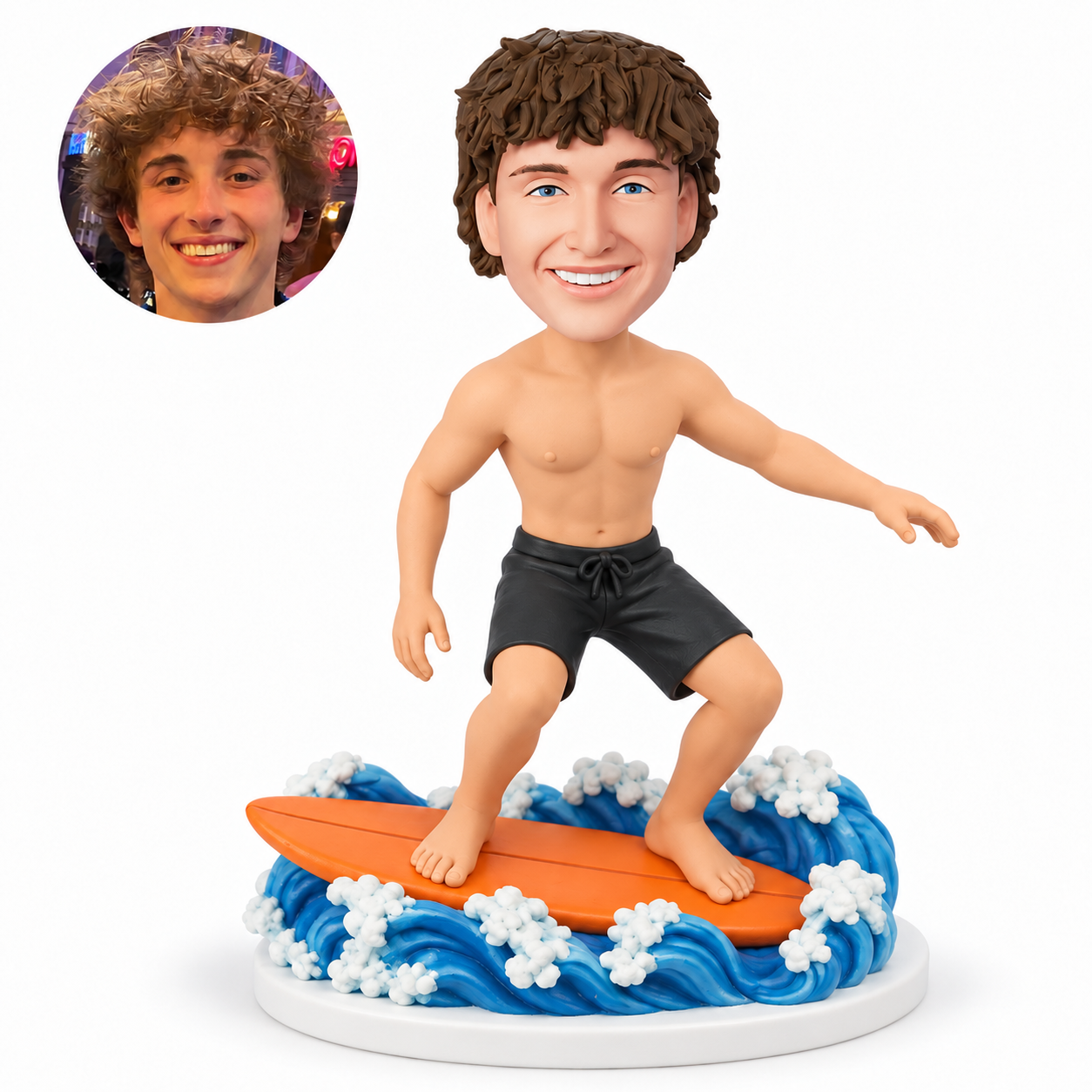 custom bobblehead figure shirtless man surfing on a board over sculpted waves