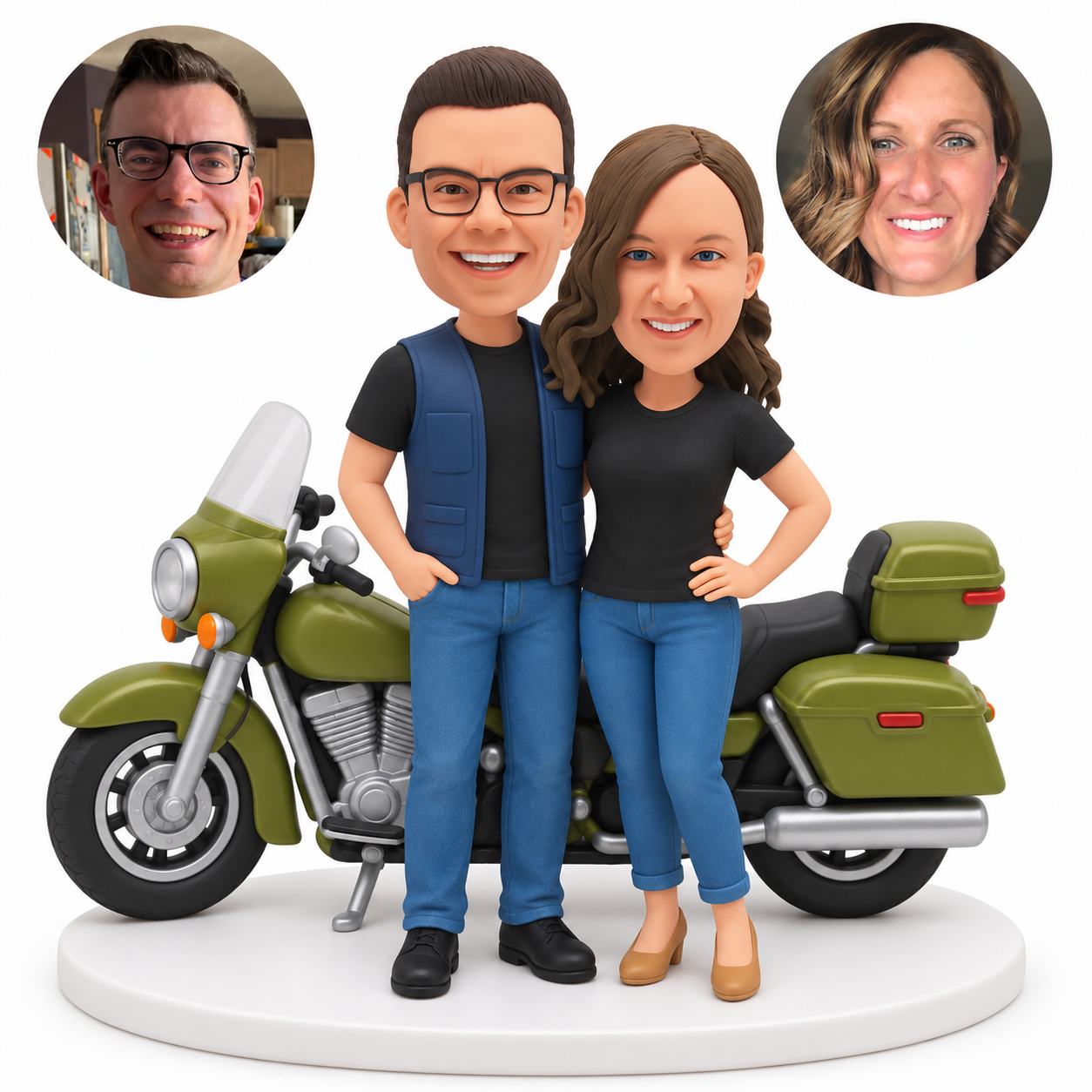 custom bobblehead figures couple in T-shirts and jeans standing beside a touring motorcycle
