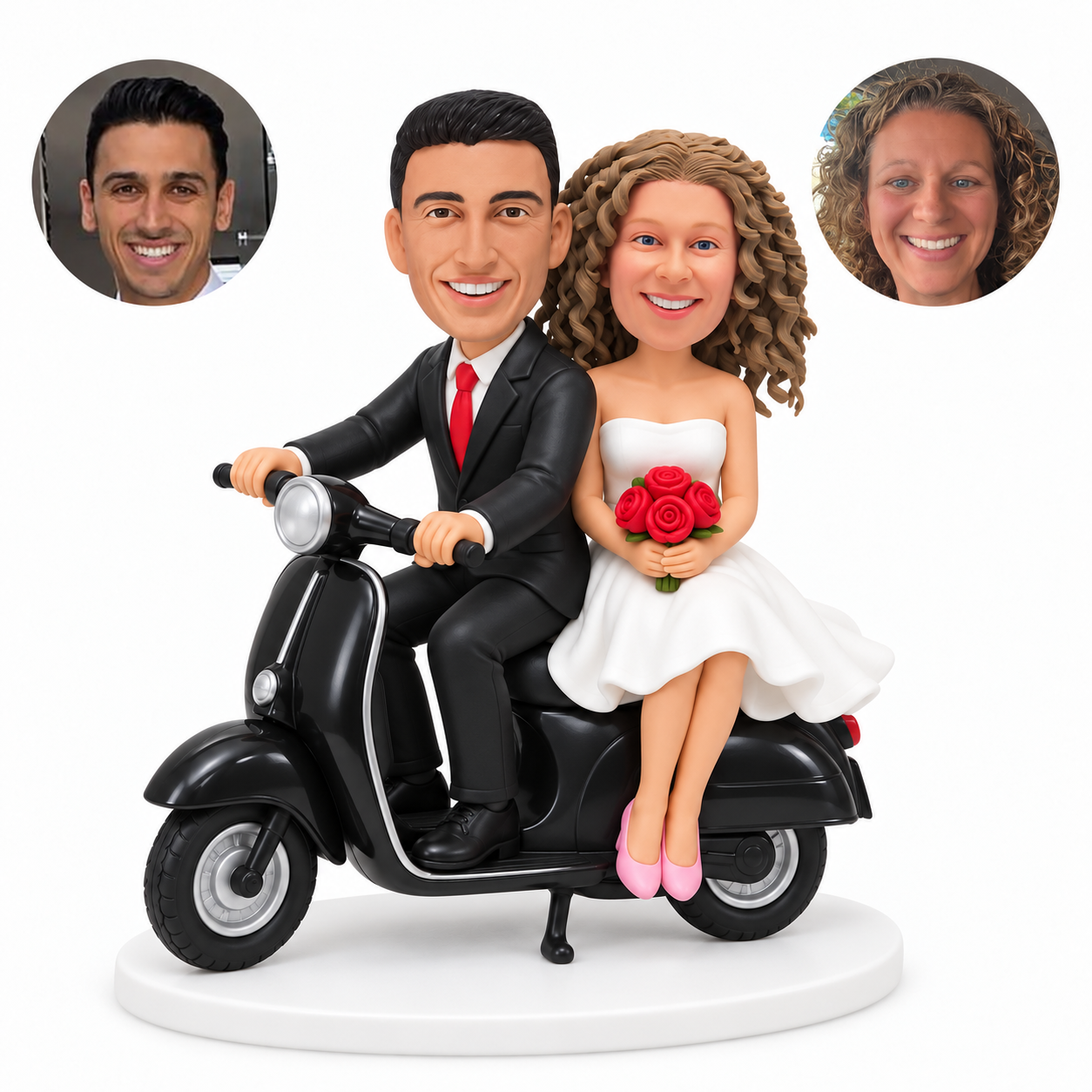 custom bobblehead figures wedding couple with a suited groom driving a scooter and the bride seated behind