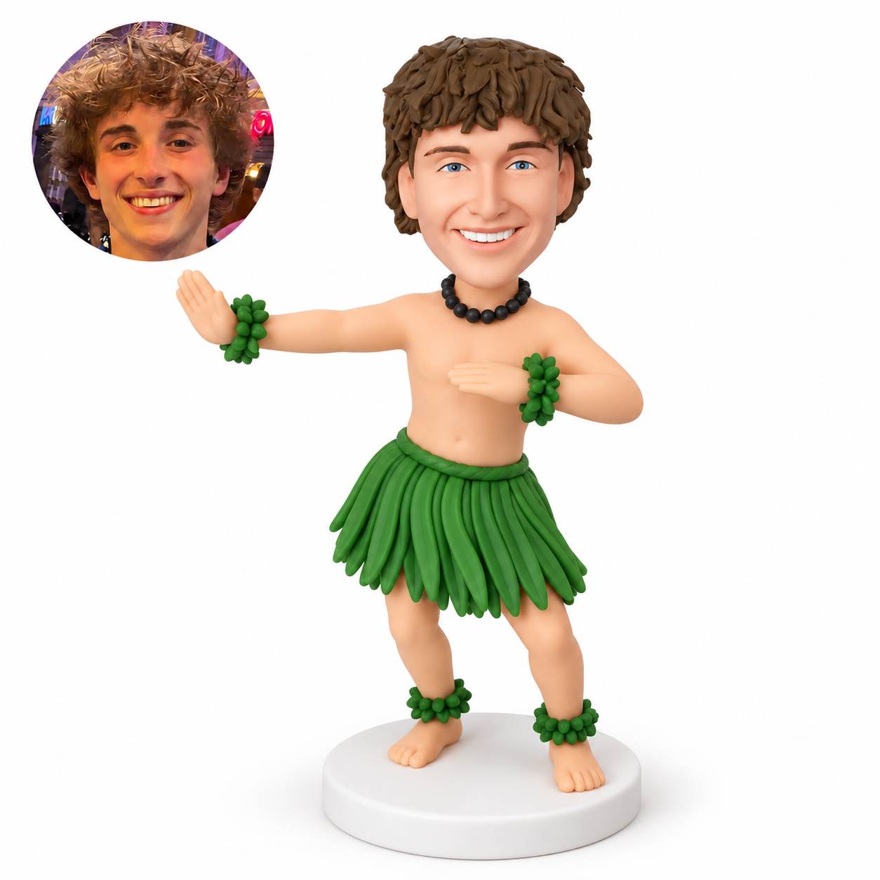 custom bobblehead figure shirtless male hula dancer in a short grass skirt with one arm extended