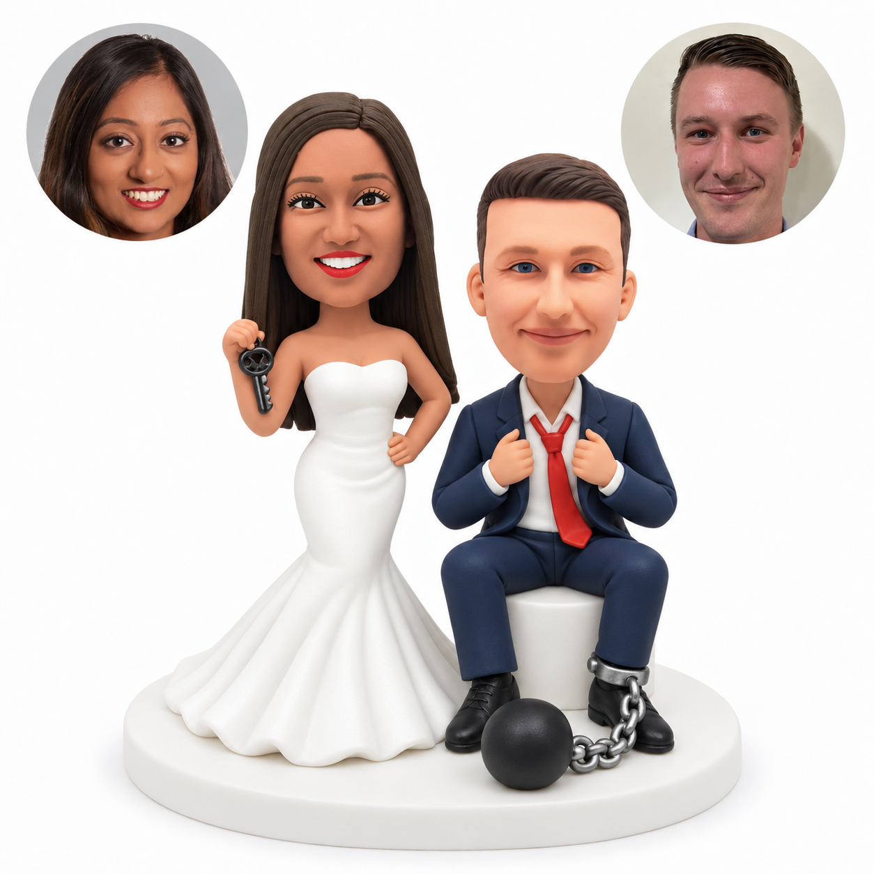 custom bobblehead figures standing bride beside a seated groom with a ball and chain around one ankle