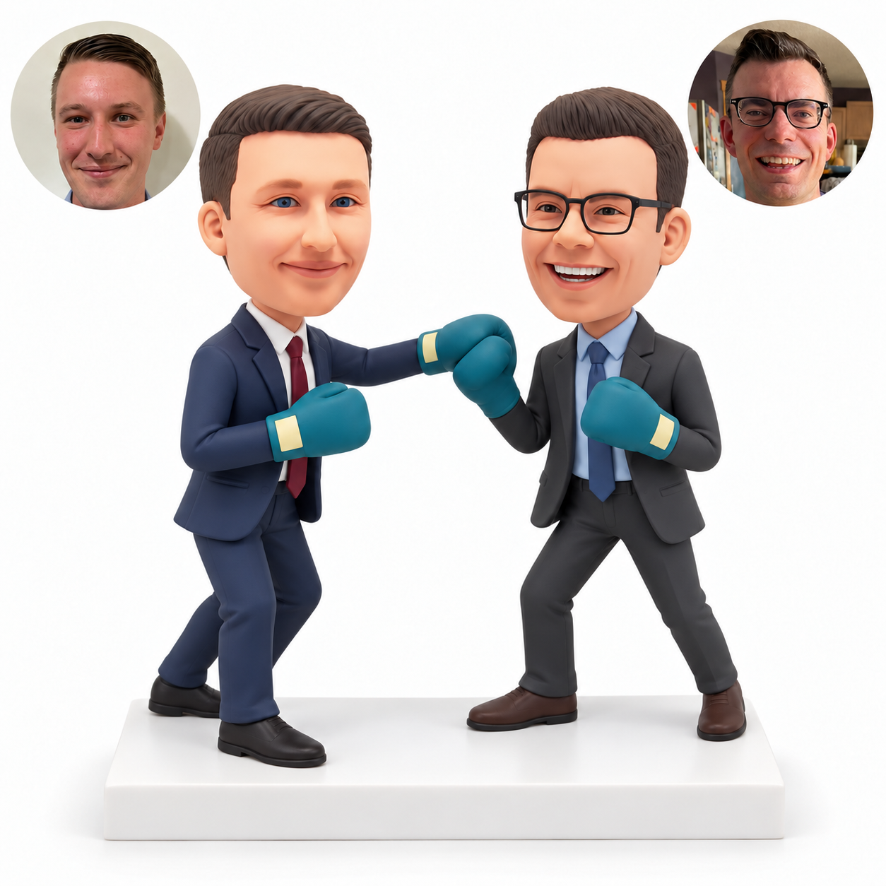 Two businessmen facing one another in a friendly boxing sparring pose, with four teal gloves.