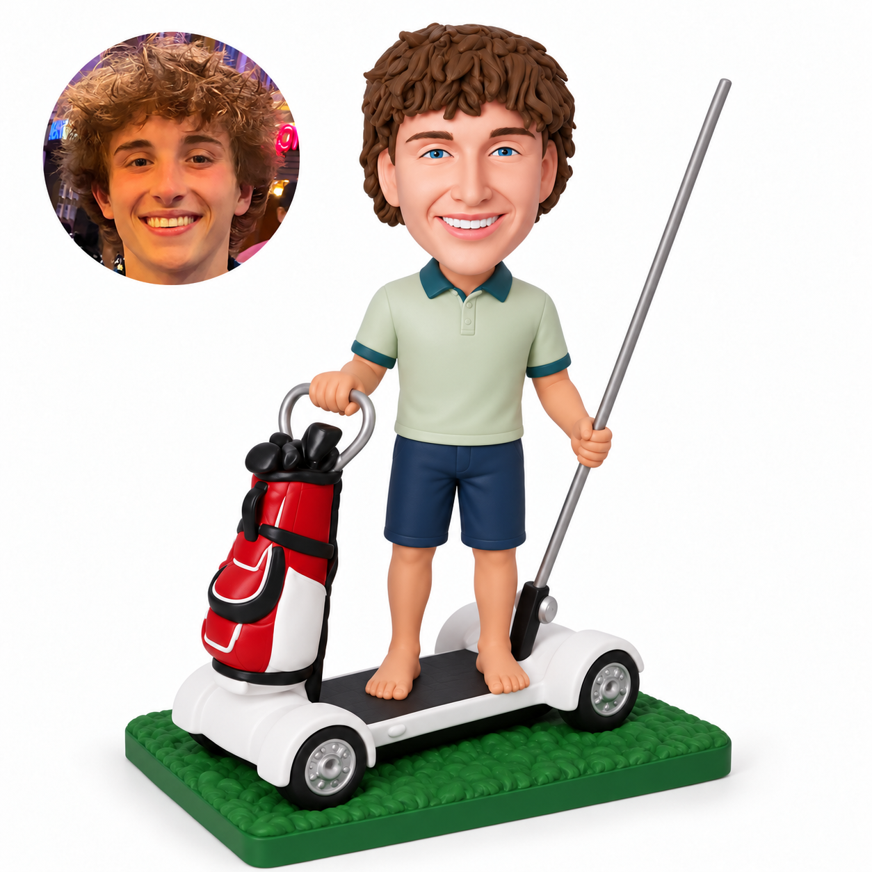 custom bobblehead figure male golfer standing barefoot on a four-wheel golfboard beside a golf bag