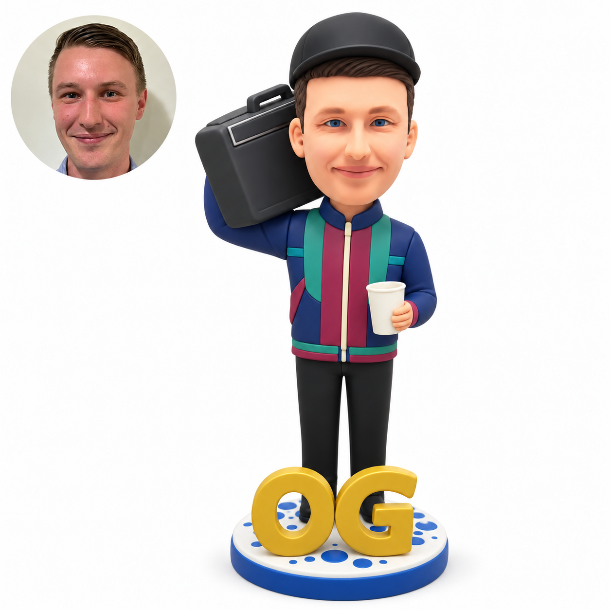 custom bobblehead figure male music fan carrying a boombox on his shoulder and holding a cup on an OG base