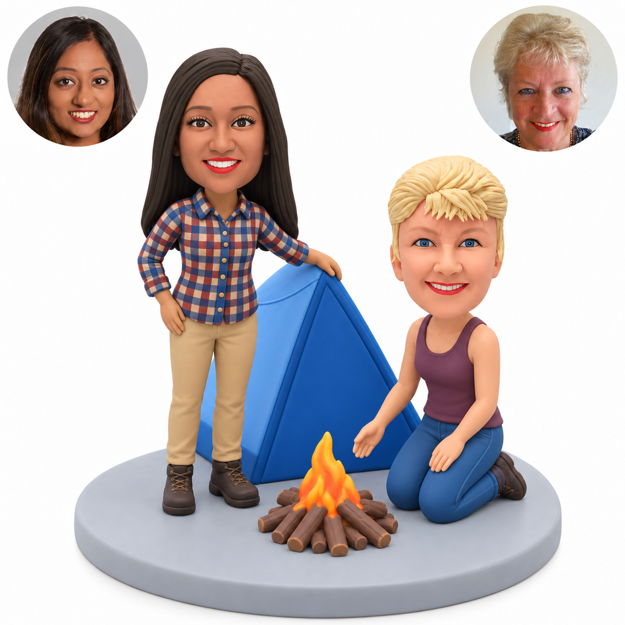 custom bobblehead figures two female friends camping beside a tent and campfire