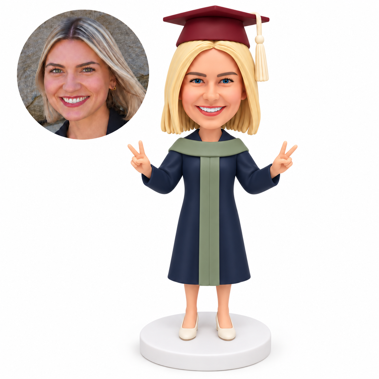 custom bobblehead figure female graduate in a gown making two peace signs with her arms out