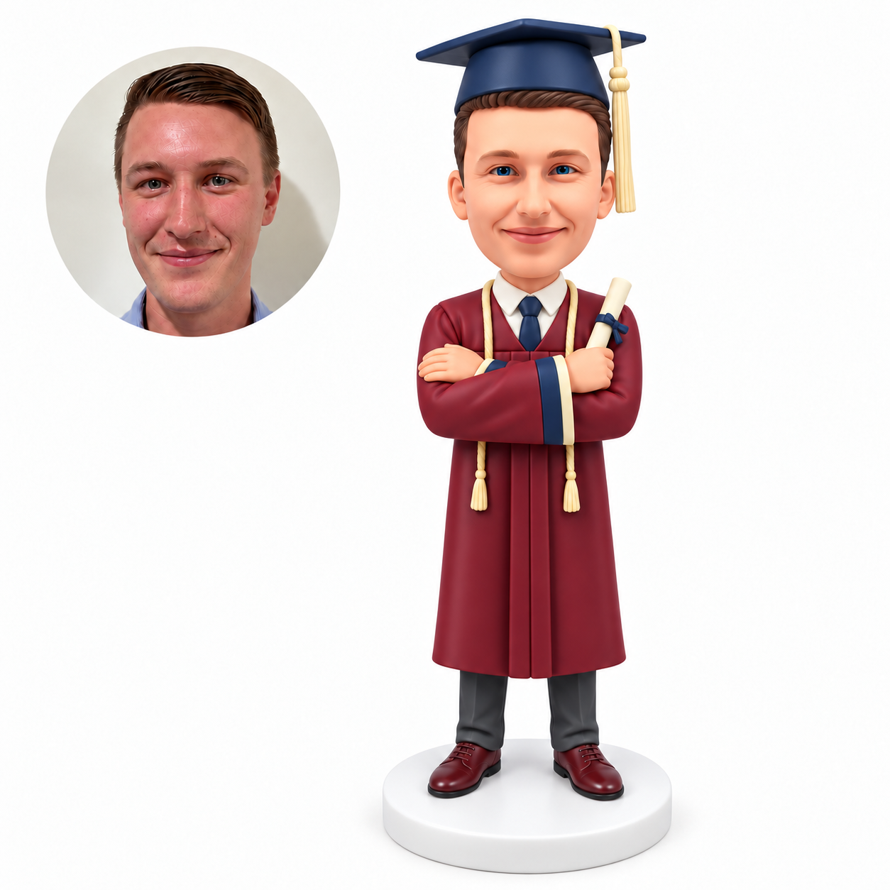 custom bobblehead figure male graduate with crossed arms holding a rolled diploma beside his shoulder