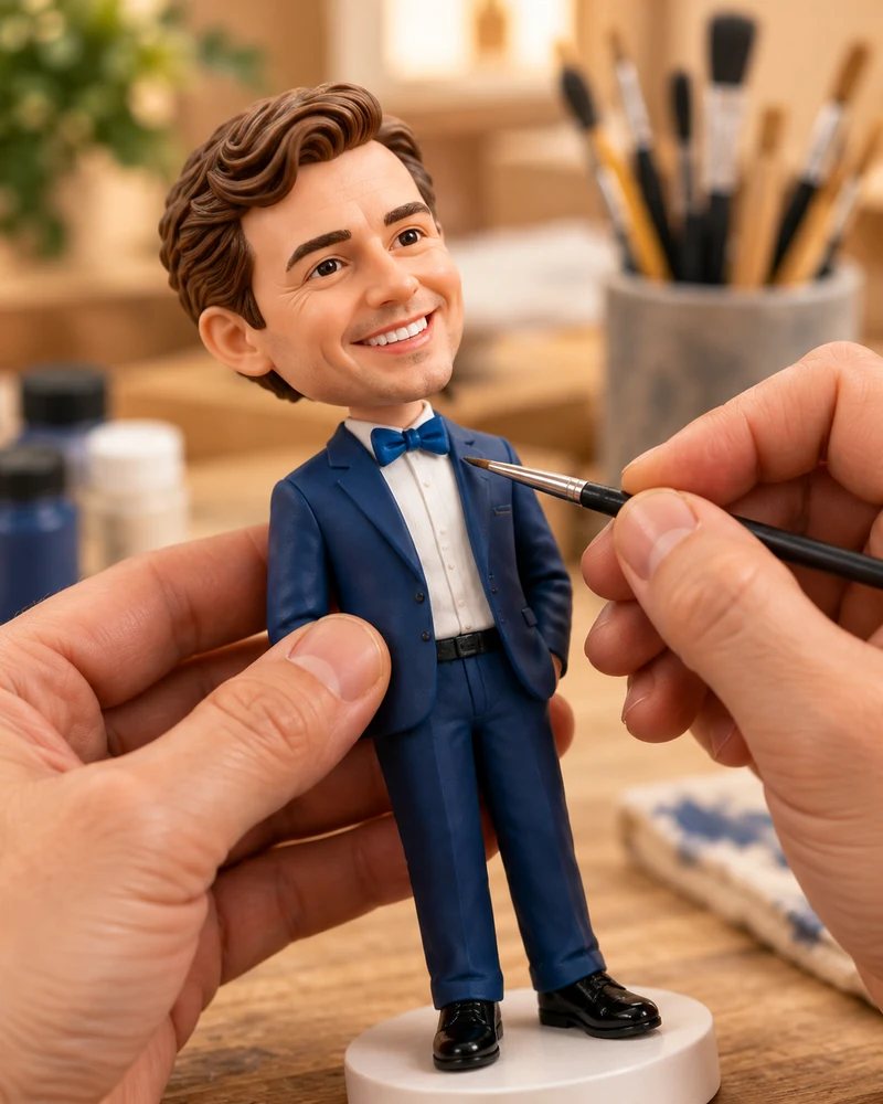 Craft hands carefully refining the miniature jacket and bow tie.