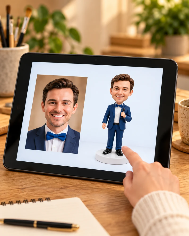 A tablet proof showing the reference portrait and sculpted figure for review.
