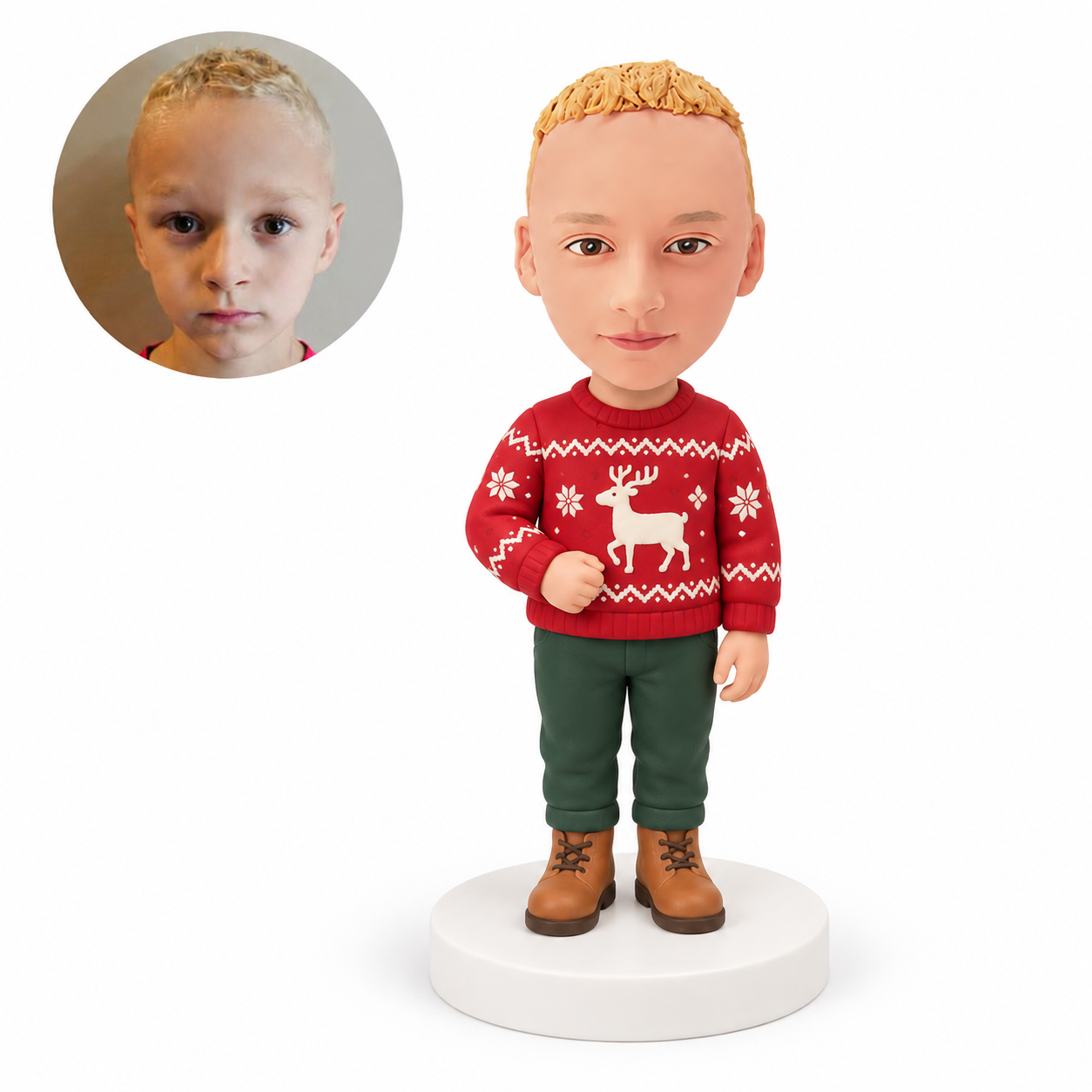 custom bobblehead figure boy in a reindeer sweater standing
