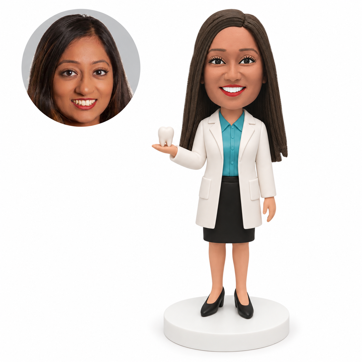 custom bobblehead figure female dentist presenting a tooth model