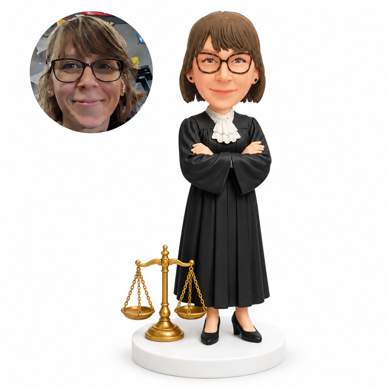 custom bobblehead figure female judge with arms crossed beside the scales of justice