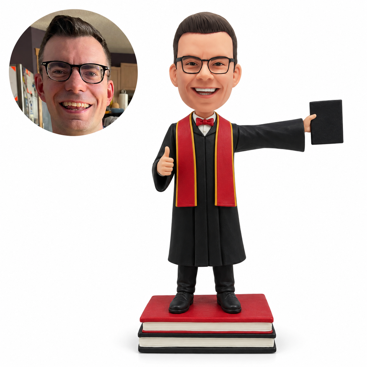 custom bobblehead figure male graduate standing on books with a certificate and thumbs-up