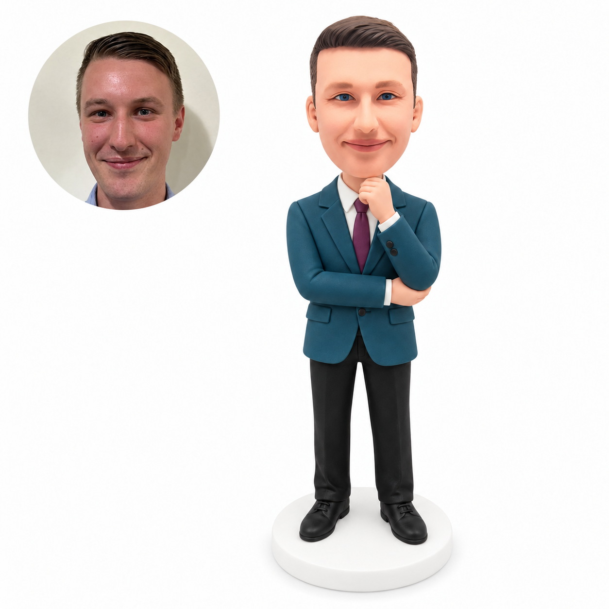 custom bobblehead figure businessman resting his chin on one hand