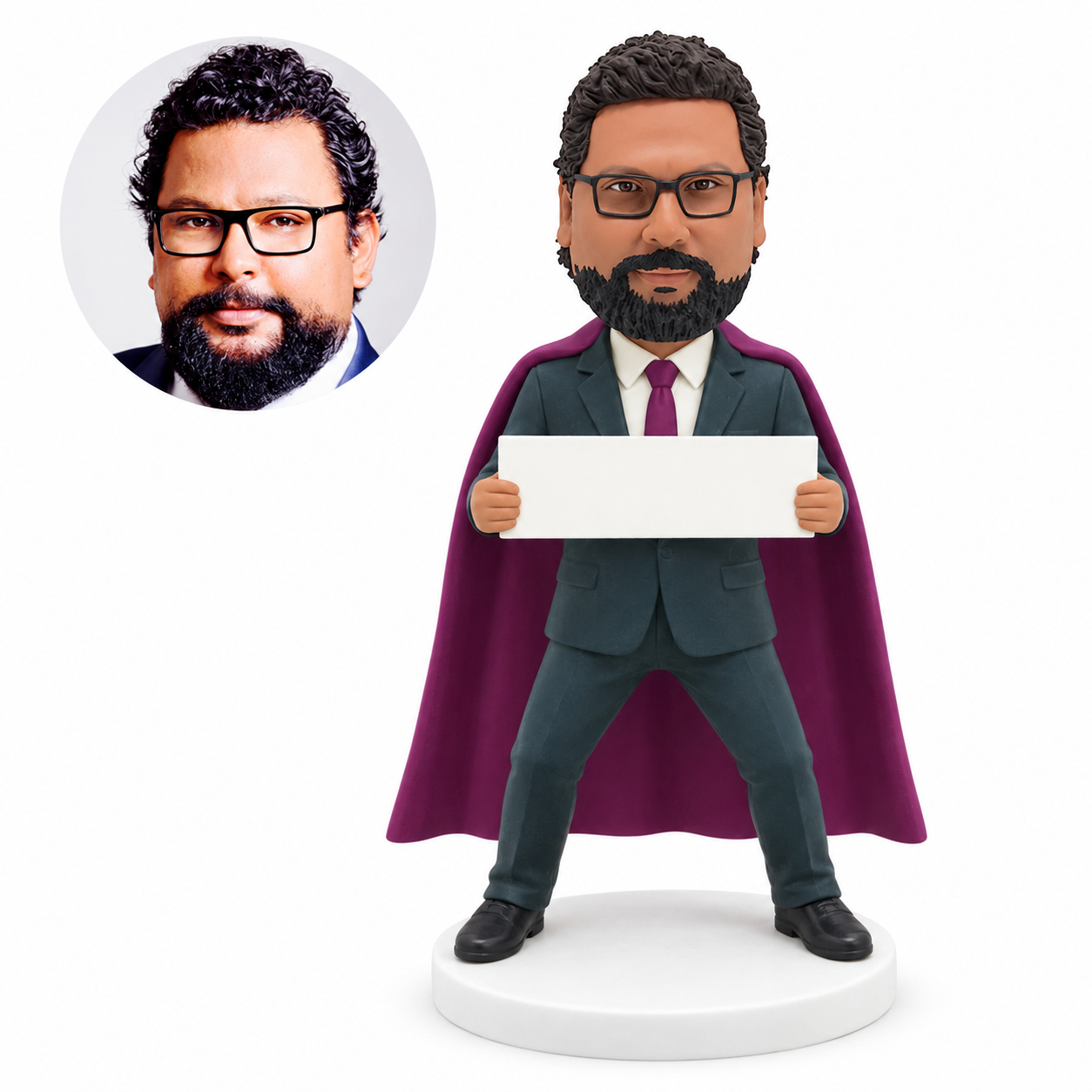 custom bobblehead figure businessman in a cape holding a sign with both hands