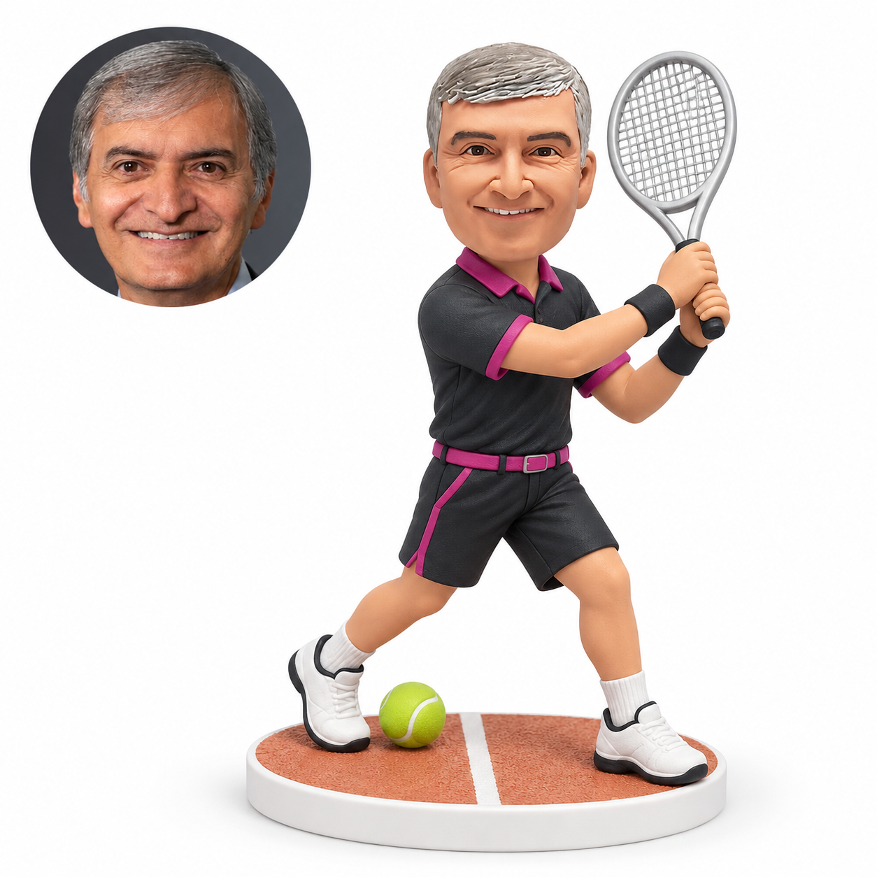 custom bobblehead figure male tennis player holding a racket high with both hands in a stepping stance