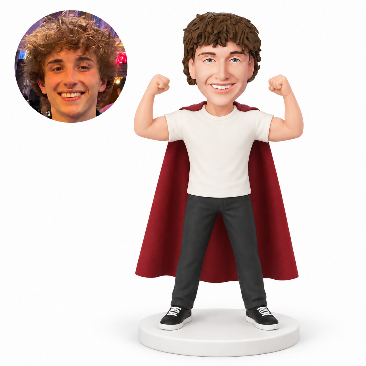 custom bobblehead figure man in a t-shirt and cape flexing both raised arms