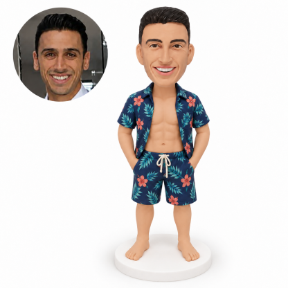 custom bobblehead figure man in an open hawaiian shirt and matching beach shorts with both hands in pockets