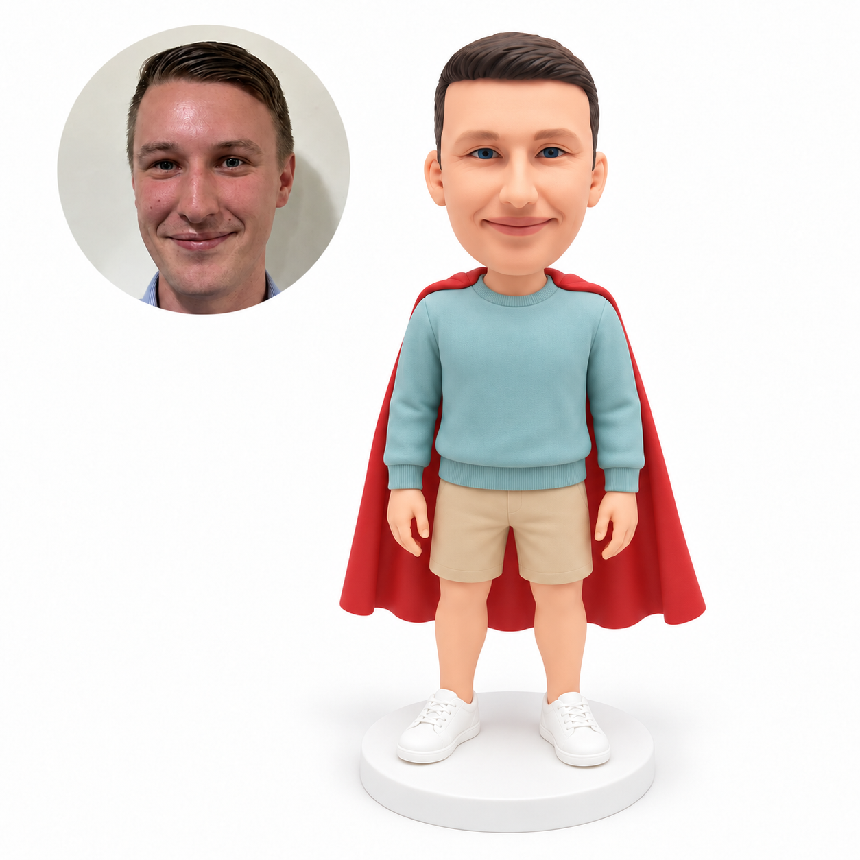 custom bobblehead figure man in a crew-neck sweatshirt and shorts with a cape and both arms down