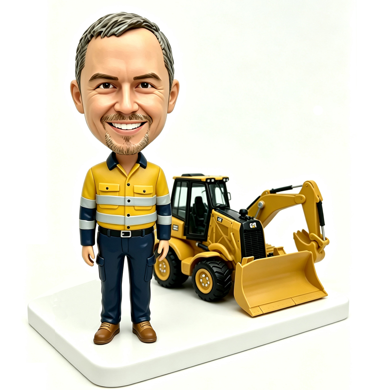 Custom construction worker with a bulldozer bobblehead