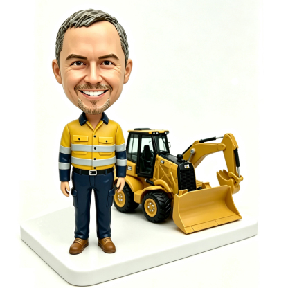 Custom construction worker with a bulldozer bobblehead