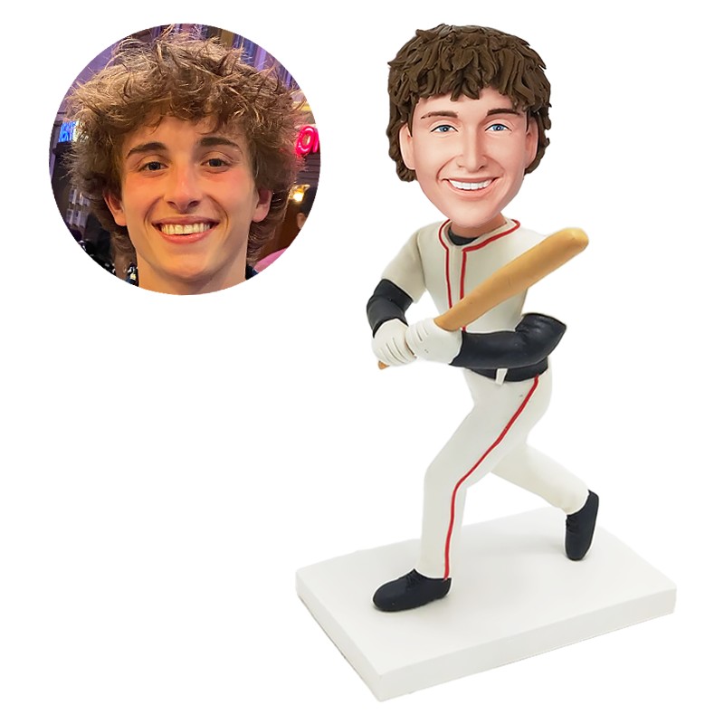 custom made bobblehead baseball player holding a baseball bat